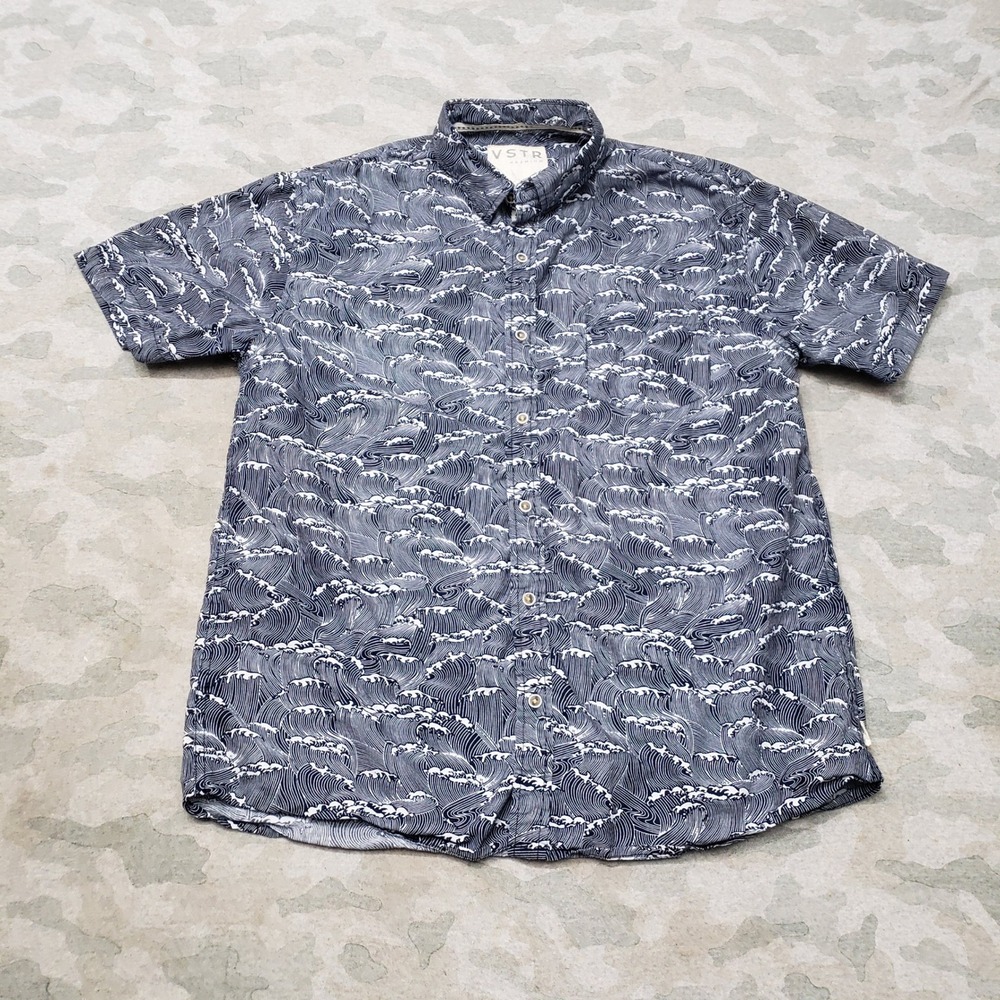 VSTR Premium Shirt Mens Large Blue Wave Print Short Sleeve Button-Up Surf Summer